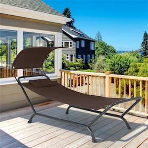95.5 in. Metal Frame Outdoor Patio Hanging Chaise Lounge Chair with Canopy, Brown Cushion, Pillow and Storage Bag