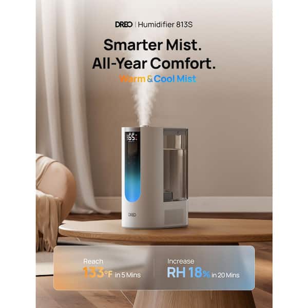 DREO 1.59-gal. Smart Tabletop Cool Warm and Mist Humidifier, 60H Runtime, Top Fill with RGB for Home, Bedroom in White DR-HHM013S White - The Home Depot DREO 1.59-gal. Smart Tabletop Cool Warm and Mist Humidifier, 60H Runtime, Top Fill with RGB for Home, Bedroom in White DR-HHM013S White - The Home Depot