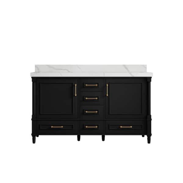 Willow Collections Hudson 60 in. W x 22 in. D x 36 in. H Double Sink Bath Vanity in Black with 2 in. Calacatta Quartz Top