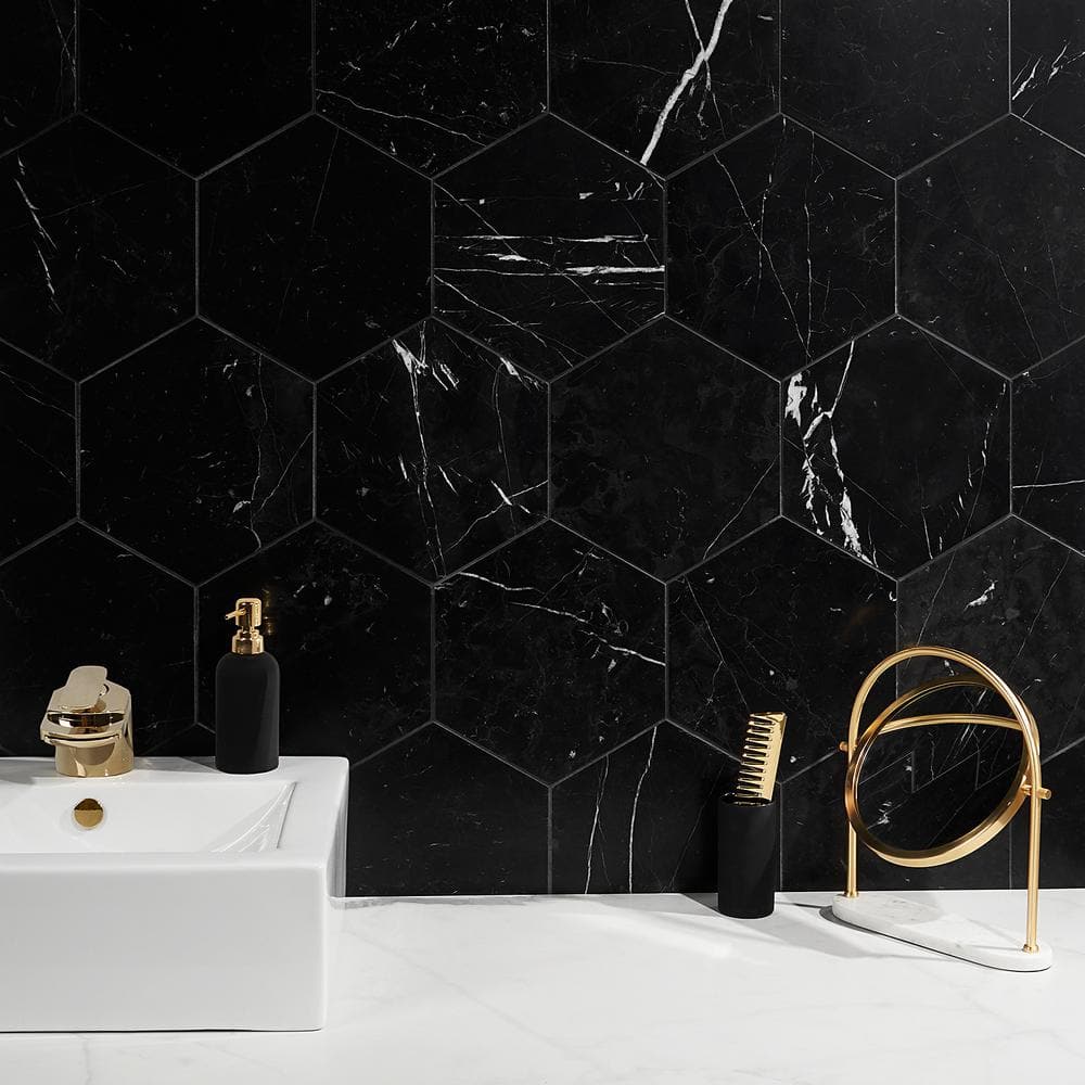 Black Hexagon Nero Marquina Marble Tile 10x10
