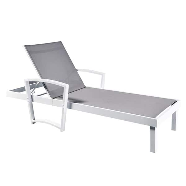 Zeus & Ruta White Aluminum Outdoor Chaise Lounge with Grey Seat, Pool Beach Lounge Chair, Patio Beach Adjustable Reclining Chair