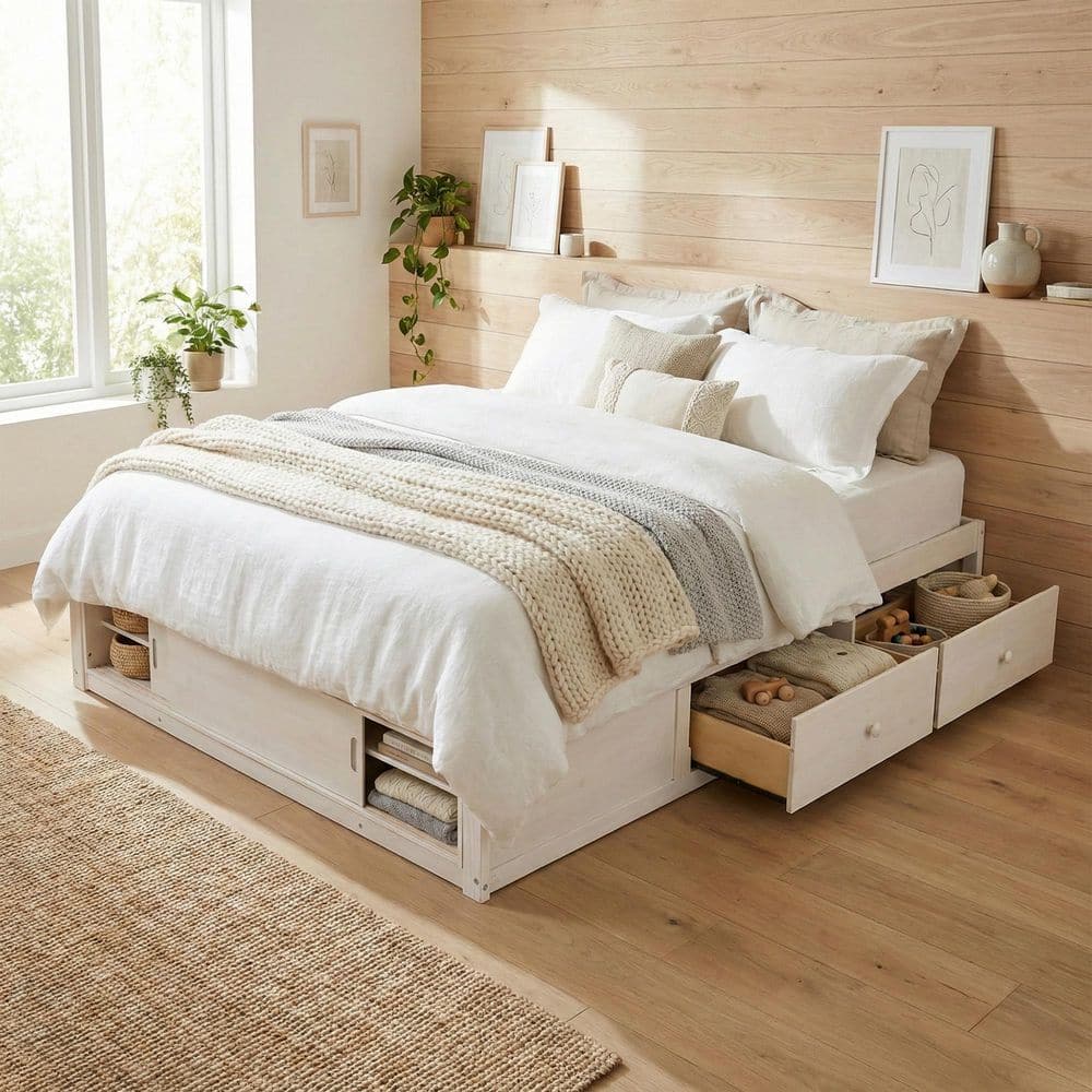 Antique White Wood Frame Queen Size Platform Bed with 4-Storage Drawers and Footboard Storage Cubby, No Headboard price history on PriceWatchPro