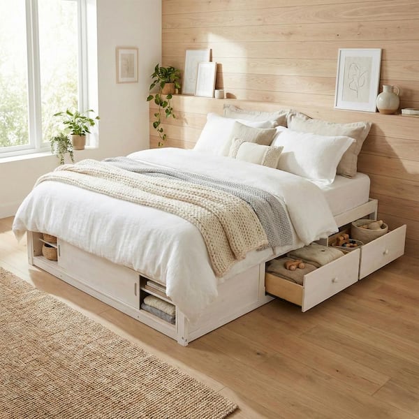 Antique White Wood Frame Queen Size Platform Bed with 4-Storage Drawers and Footboard Storage Cubby, No Headboard