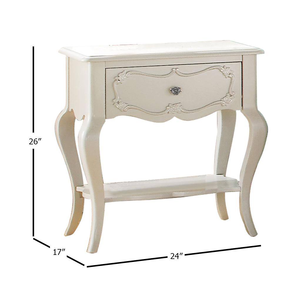 Edalene Pearl White Pine Wood Nightstand with Floral Carving