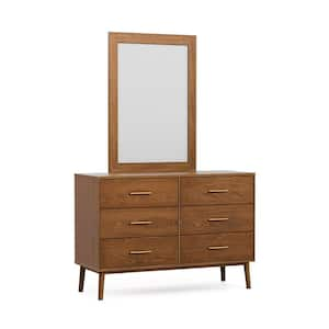 Riverstone Mid Century Modern Walnut/Mirror 6 Drawer 47 in. Wide Dresser with Mirror and Anti-Tip Interlock System