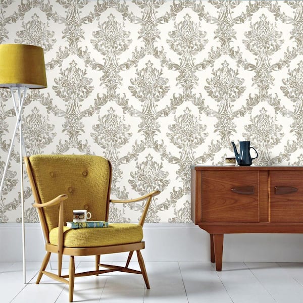 Opal Damask White/Gold White and Gold Wallpaper Sample