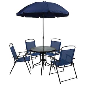 Navy 6-Piece Metal Round Outdoor Dining Set and Umbrella
