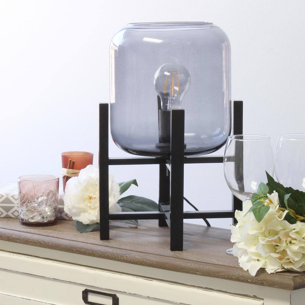 Black Wood Mounted Nightstand Lamp with Smoke Glass Barrel Shade