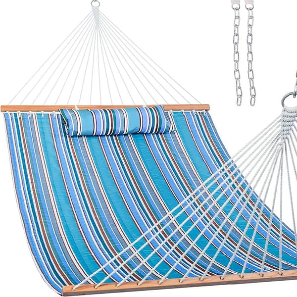 Unbranded 12 ft. Quilted Fabric Hammock with Pillow, Double 2 Person Hammock (Peacock Stripe)