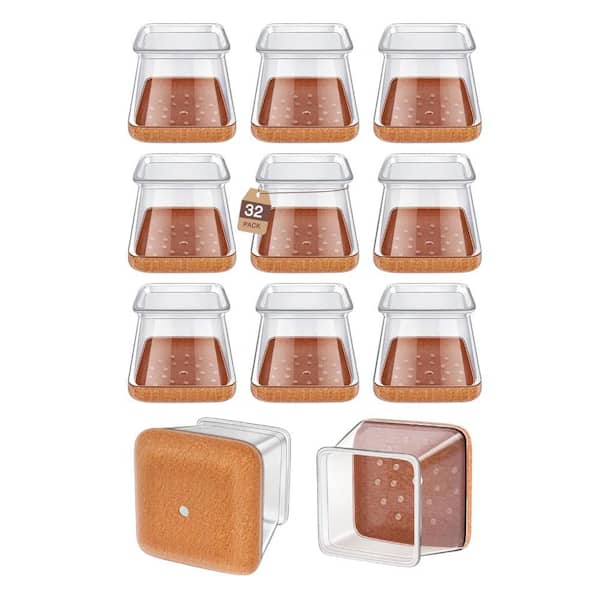 32Pck Clear Square Silicone Chair Leg Floor Protectors w Reinforced Felt Bottom for Wood Floors, Fits 1-1/8" to 1-9/16"