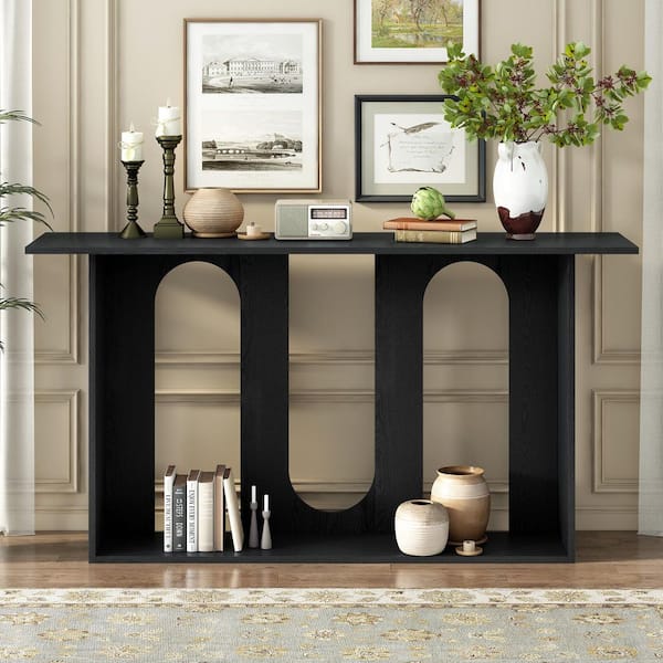 Harper & Bright Designs Arch Design 60 in. Black Rectangle Ash Wood Veneer and MDF Console Table with Bottom Shelf