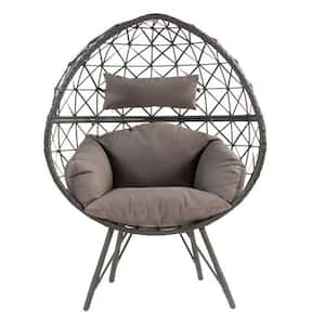Black Metal Patio Swing, Hanging Chair with Gray Cushion and Stand