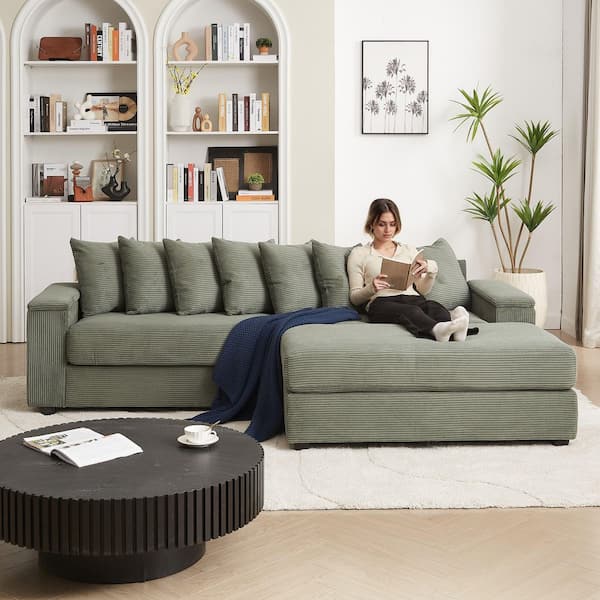 Modern Oversized 104 in. W Square Arm Corduroy L-Shaped Sofa with Armrest Storage in Green