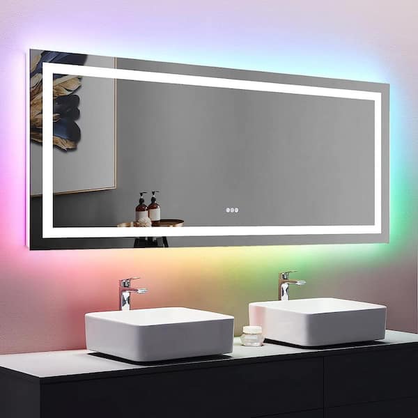 Unbranded Vanity Trident 60 in. W x 28 in. H Rectangular Frameless LED Wall Mount Bathroom Vanity Mirror with Touch Dimmer