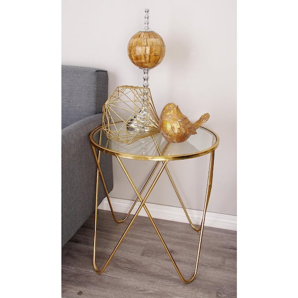 Litton Lane 21 in. Gold Large Round Glass End Accent Table with Clear Glass Top (3- Pieces)