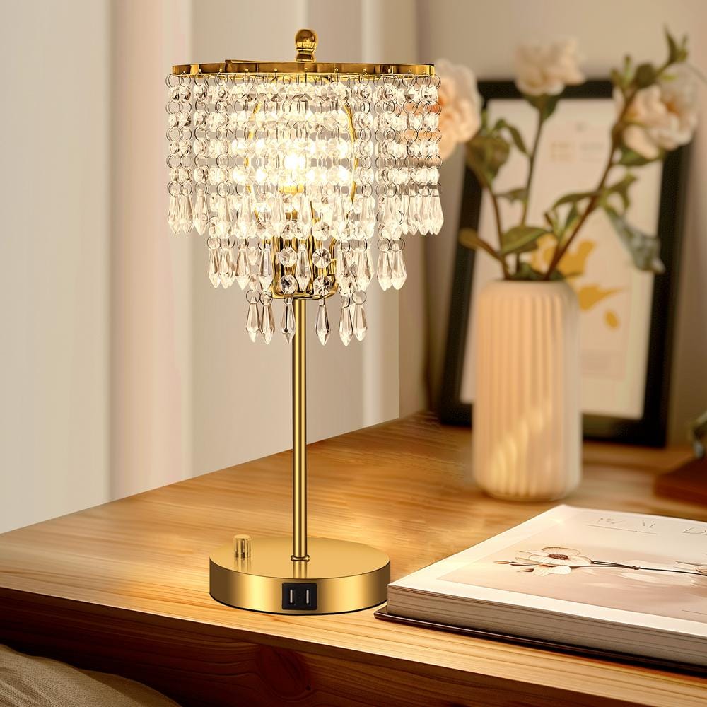YANSUN 17 in. Gold LED Integrated Table Lamp Clear Crystal with 3