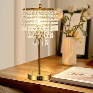 17 in. Gold LED Integrated Table Lamp Clear Crystal with 3-Way Dimmer Rotary Switch and Dual USB Charging Ports