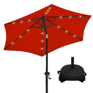 7.5 ft. Solar LED Lighted Market Patio Umbrella with Base and Push Button Tilt in Red