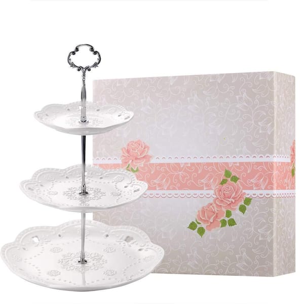 3-Tier White Porcelain Cake Stand with Embossed Design for Tea Party, Wedding and Birthday Pastry Display