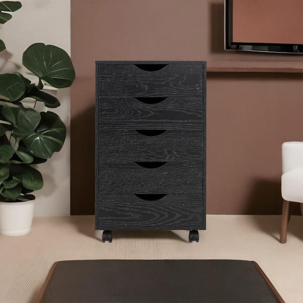MAYKOOSH 5-Drawer Distressed Black Wood 15.75 in. W Craft Storage Vertical File Cabinet on Wheels, Dresser File Cabinet
