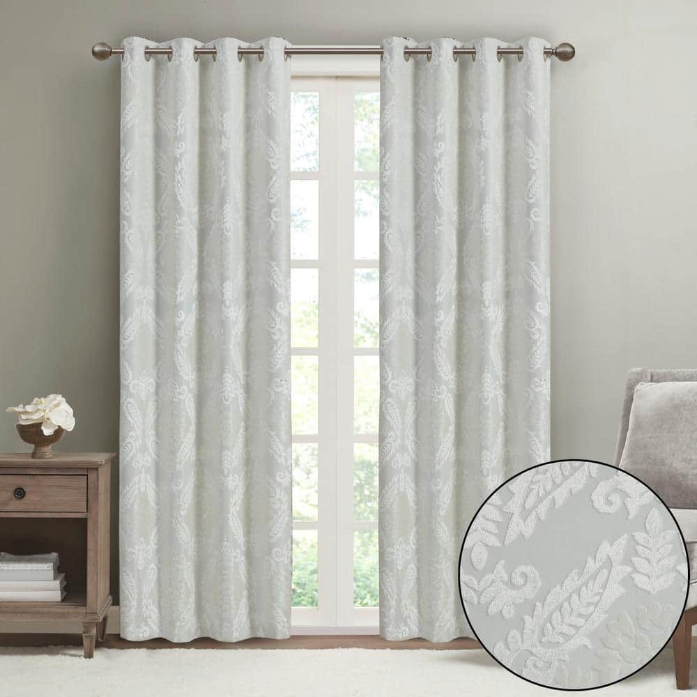 White Jacquard Paisley Blackout Grommet Curtain Panel