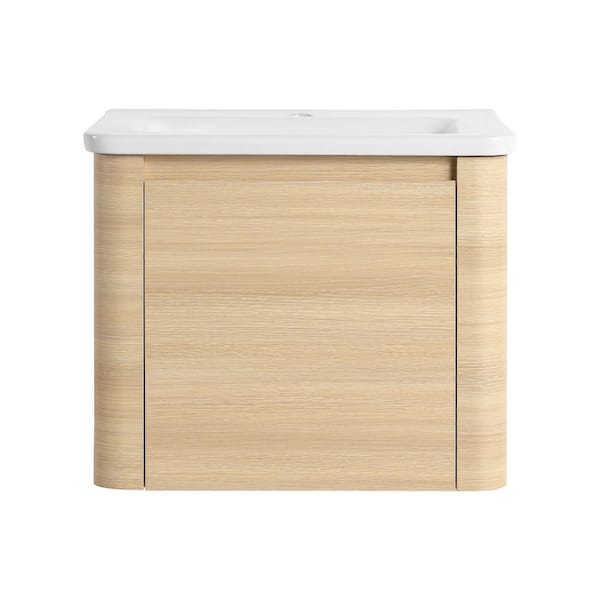 24 in. Wall-Mounted American White Oak Bath Vanity with White Ceramic Top Unassembled