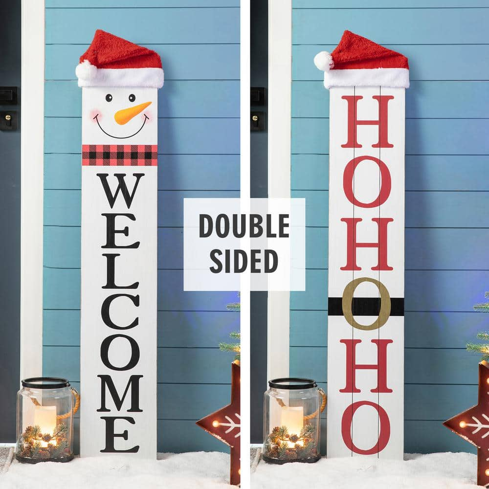 42.5 in. H Reversible Wooden ""HOHOHO""/Snowman Porch Sign Christmas Yard Decor -  Glitzhome, 2010100041