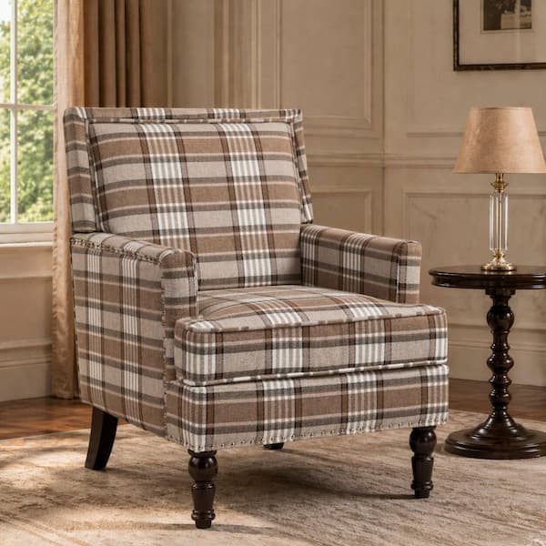 Traditional Brown Striped Linen Upholstered Accent Arm Chair with Nailhead Trim and Turned Legs