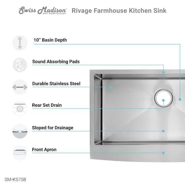 Rivage 33 in. x 21 in. Stainless Steel, Single Basin, Farmhouse Kitchen Sink with Apron