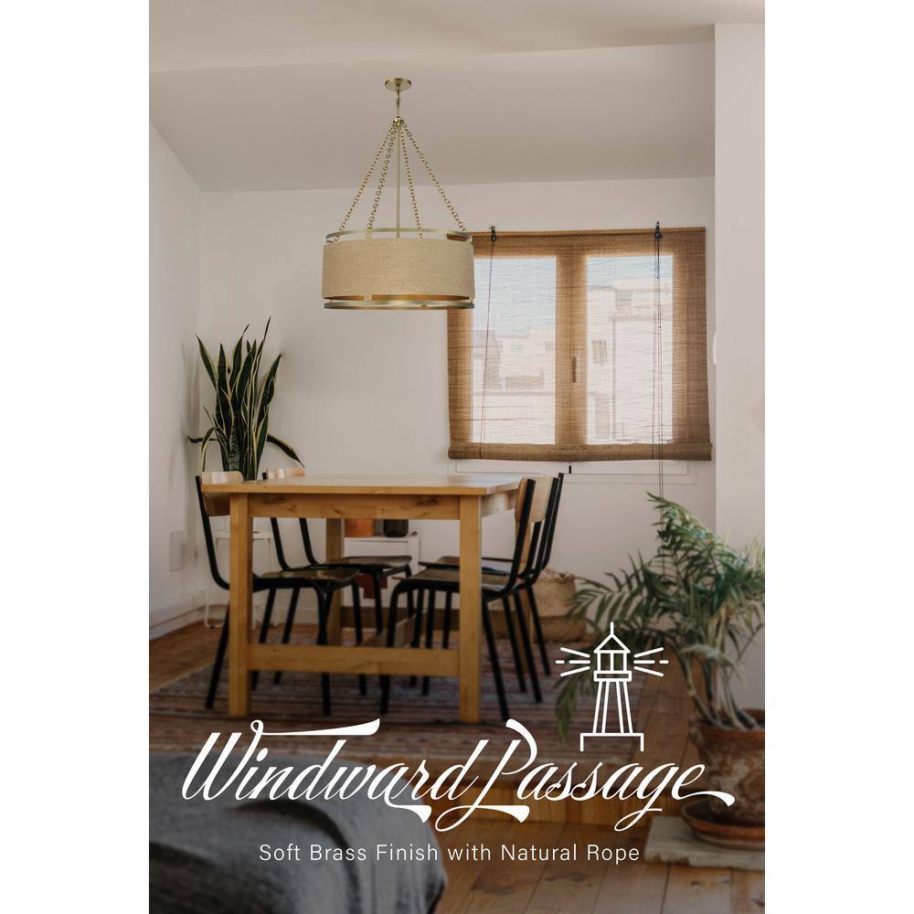 Windward Passage Soft Brass 6-Light Drum Pendant with Natural Rope Shade