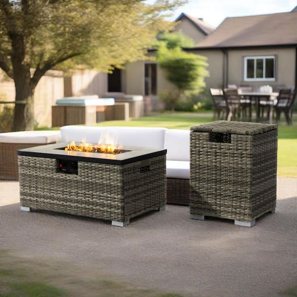 Unbranded Beige Outdoor Wicker Propane Fire Pit Table Set with Tank Holder, 40,000 BTU Fire Pit Dining Table