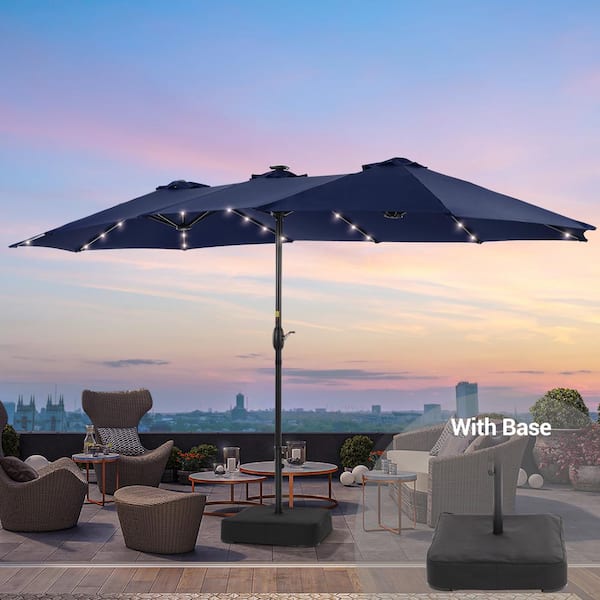 JOYESERY 15 ft. x 9 ft. Solar LED Lighted Outdoor Double-Sided Patio Market Umbrella with Crank and Base in Navy Blue