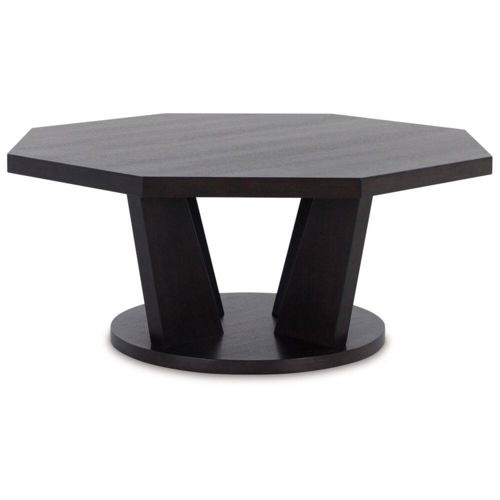 Dark Brown Octagonal Wood Coffee Table with Trapezoid Legs