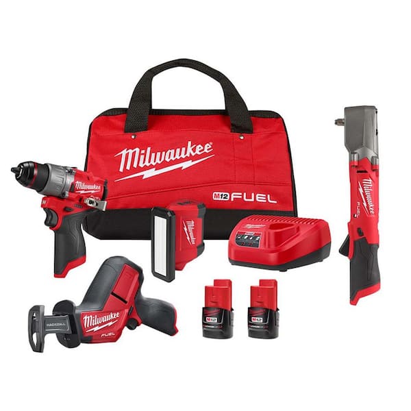 Milwaukee M12 FUEL 12-Volt Li-Ion Brushless Cordless Hammer Drill Combo Kit, Recip Saw, Light, Impact Wrench w/2 Batteries(4-Tool)