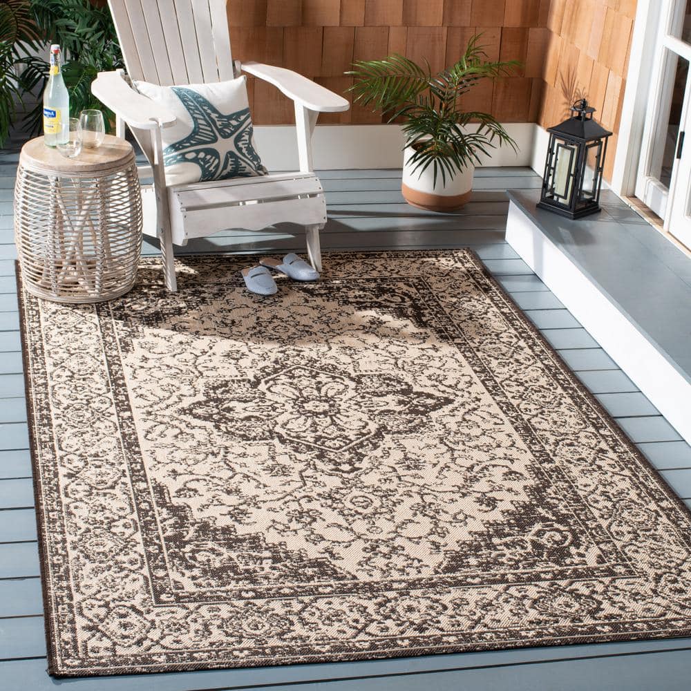 Creme and Brown Rectangular Stain-Resistant Synthetic Rug, 3' x 5'