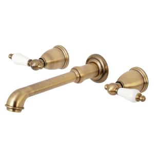 English Country 2-Handle Wall Mount Bathroom Faucet in Antique Brass