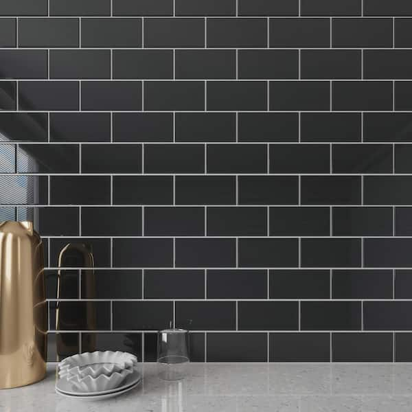 Giorbello Black 3 in. x 6 in. x 8 mm Glass Subway Tile (5 sq. ft./case)