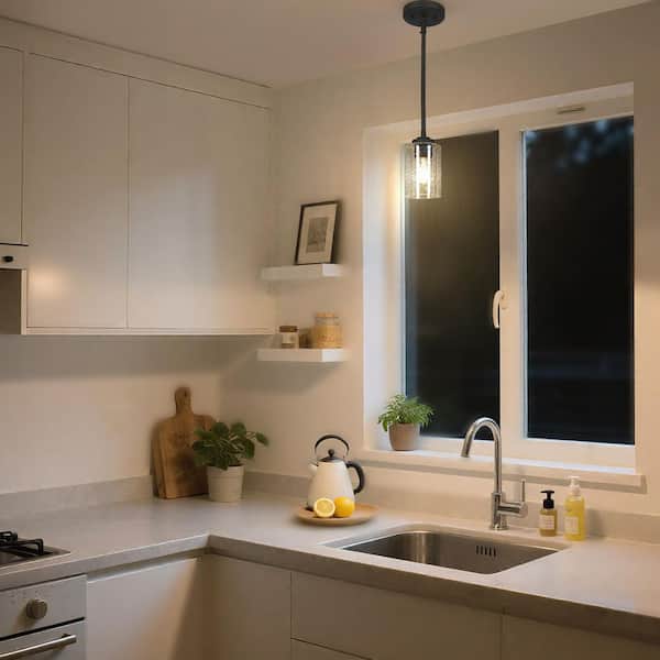 Modern 1-Light Oil Rubbed Bronze Cylinder Mini Pendant Light with Seed Glass Shade for Kitchen, Condo, Cafee