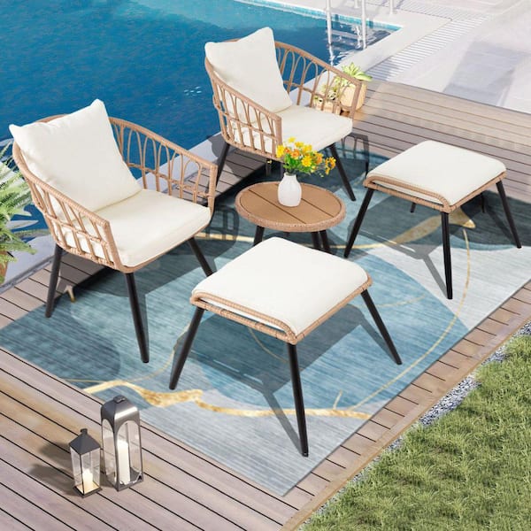 Beige 5-Piece Wicker Outdoor Sectional Set with Cushionguard Beige Cushions, 2-Oval Chairs, 2-Ottomans and 1-Table