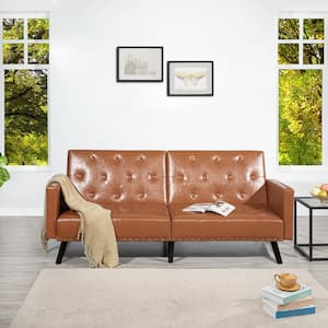 76.37 in W Caramel Faux Leather Convertible Tufted Split Back Futon Sofa, 2-Seat Futon Convertible Sofa Bed