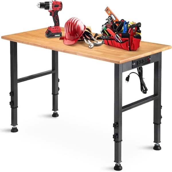 48 in. Adjustable Height Heavy-Duty Workbench with Rubberwood Top, Power Outlets and Pegboard