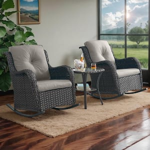 Outdoor Brown Wicker Outdoor Rocking Chair with CushionGuard Gray Cushions Patio (Set 2-Pack)