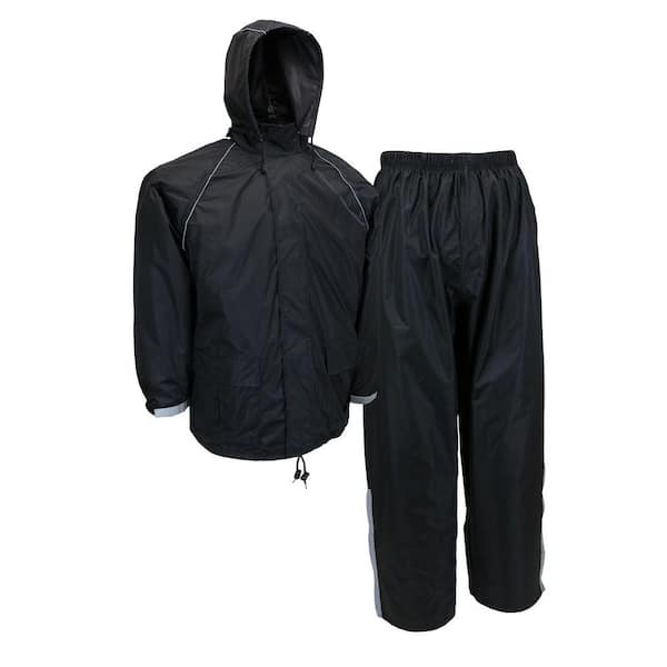 X-Large Black Polyester Waterproof 2-Piece Rain Suit with Storm Flap
