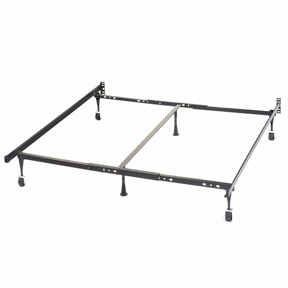 Black Metal King Bed Frame with Rollers and Center Support