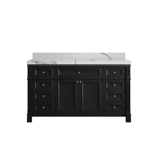 Willow Collections Paris 60 in. W x 22 in. D x 36 in. H Single Sink Bath Vanity in Black with 2 in. Calacatta Gold qt. Top