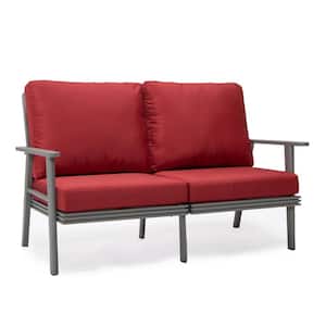 Walbrooke Modern Patio Loveseat with Grey Aluminum Frame and Red Removable Cushions