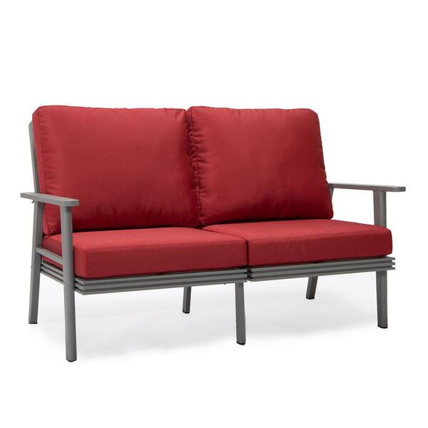 Leisuremod Walbrooke Modern Patio Loveseat with Grey Aluminum Frame and Red Removable Cushions