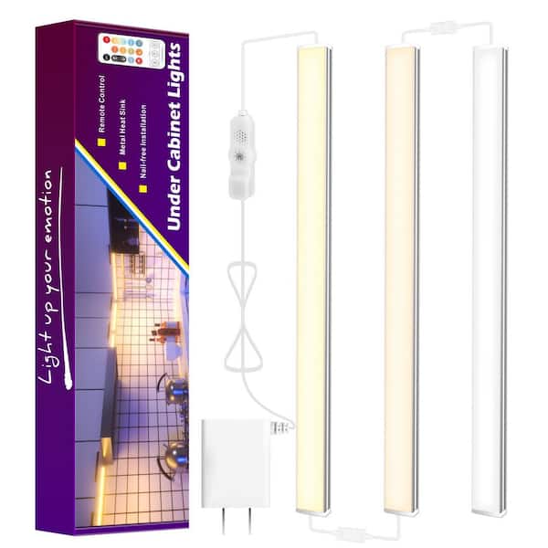 3-Piece 12 in. Plug-in Multi-Color White Integrated LED Under Cabinet Light, Dimmable Under Counter Light for Cabinet