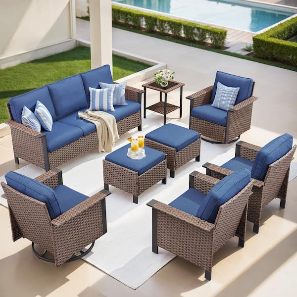 Buenaola Nyajiah 8-Piece Wicker Patio Conversation Set with Blue Cushions