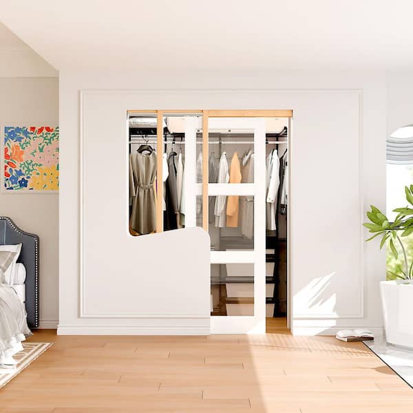 (2x30) 60 in. x 80 in. 3-Lite Clear Glass White Primed Pine Wood Pocket Door with Soft Close, Frame and Hardware Kit